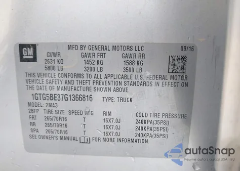 2016 GMC Canyon из США, поврежденный, VIN 1GTG5BE37G1366816